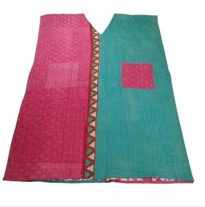 Kantha Patchwork Kimono Tunic Poncho Top Colorful Patch Pockets Woman One Sz #G